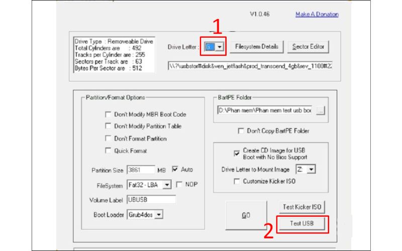 chọn ổ đĩa chạy và bấm Test USB