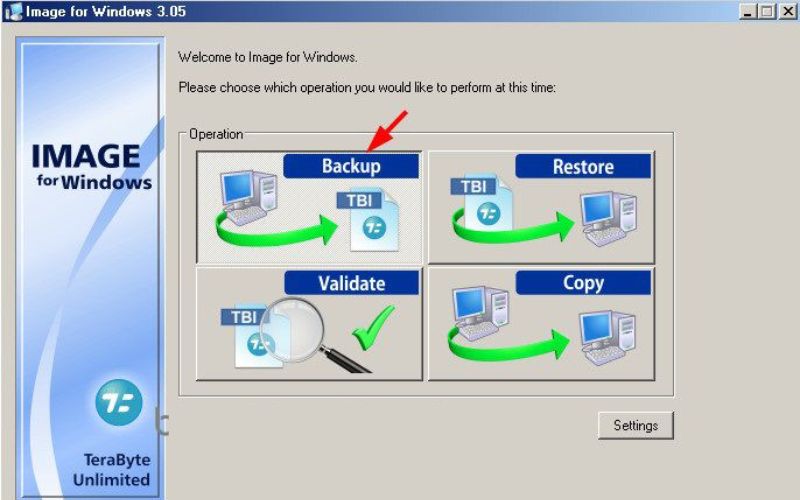 chọn Backup và nhấn Next