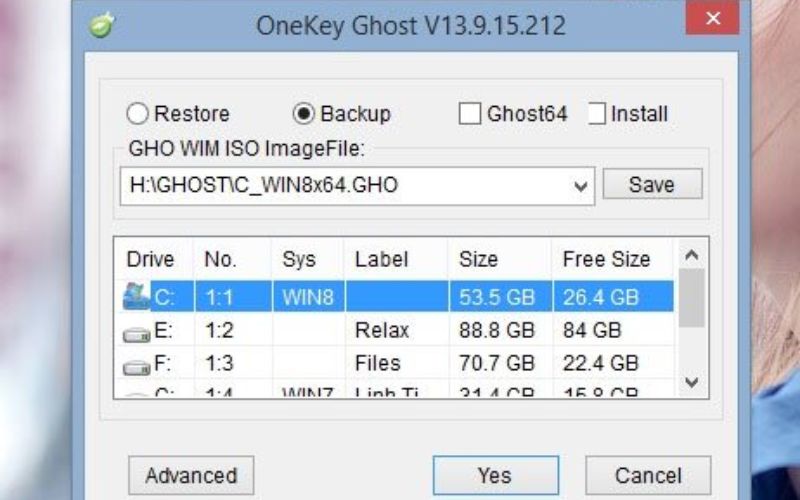 chọn mục Backup và phân vùng ổ đĩa cần sao lưu