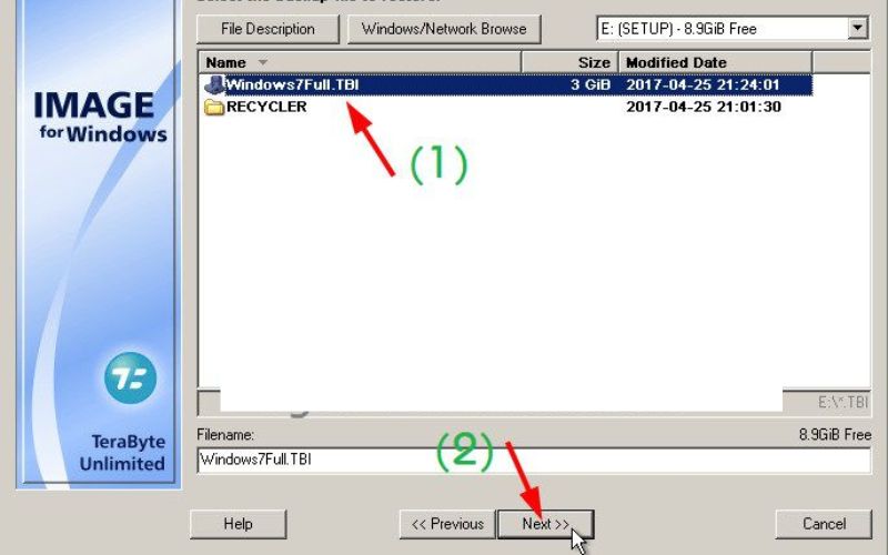 chọn file ghost cần khôi phục rồi nhấn Next