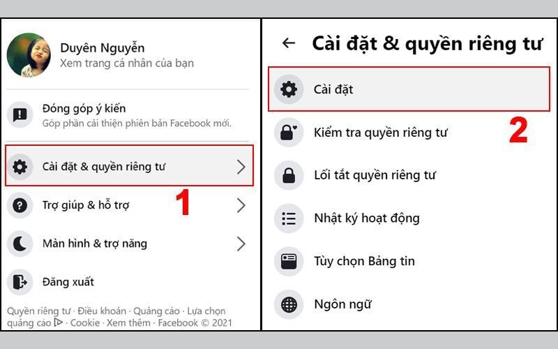 chọn Cài đặt & quyền riêng tư rồi tiếp tục nhấn vào Cài đặt.