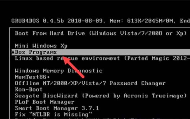 chọn mục Dos Programs để vào môi trường DOS