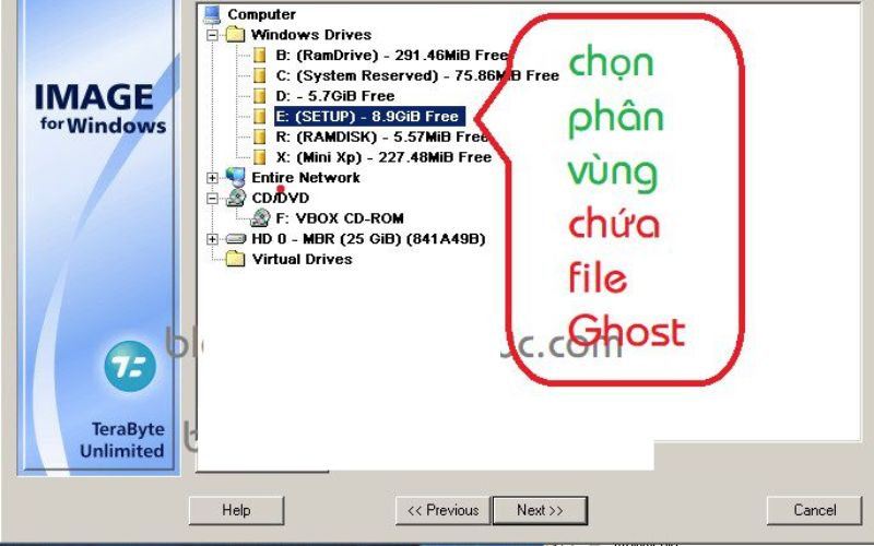 chọn phân vùng lưu file ghost và nhấn Next