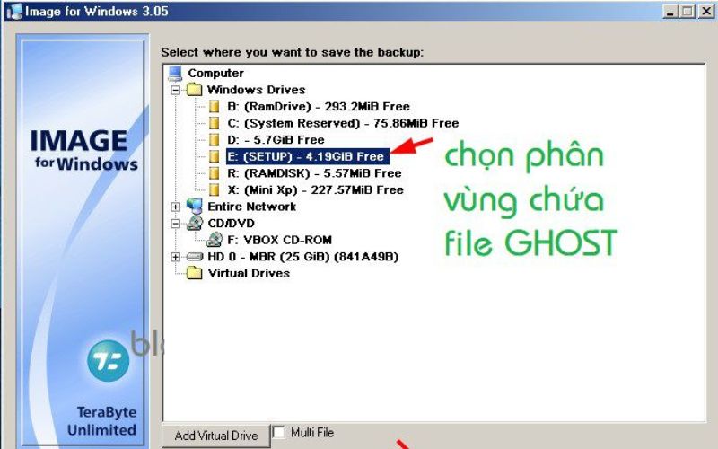 chọn phân vùng lưu file ghost rồi nhấn Next