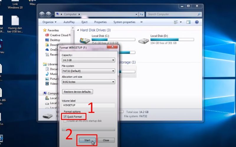 chọn Quick Format và nhấn Start để định dạng USB