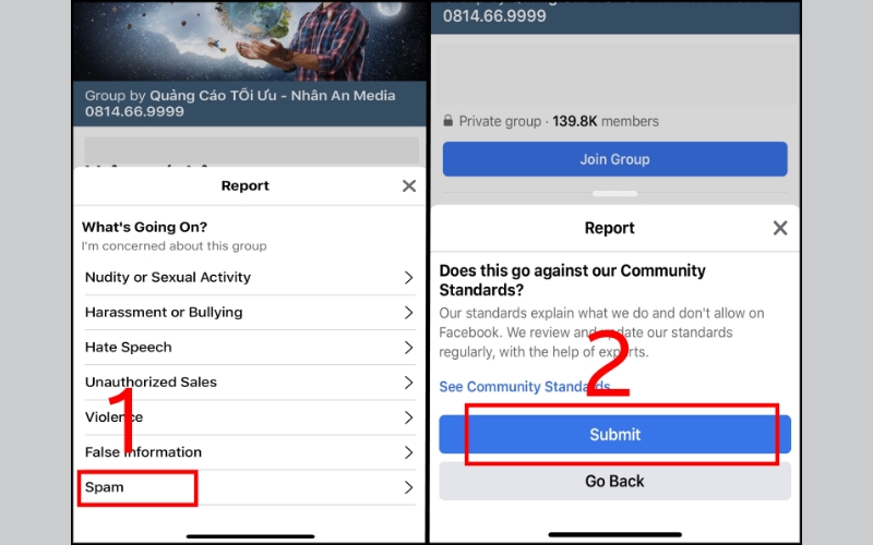 chọn Spam rồi nhấn Submit