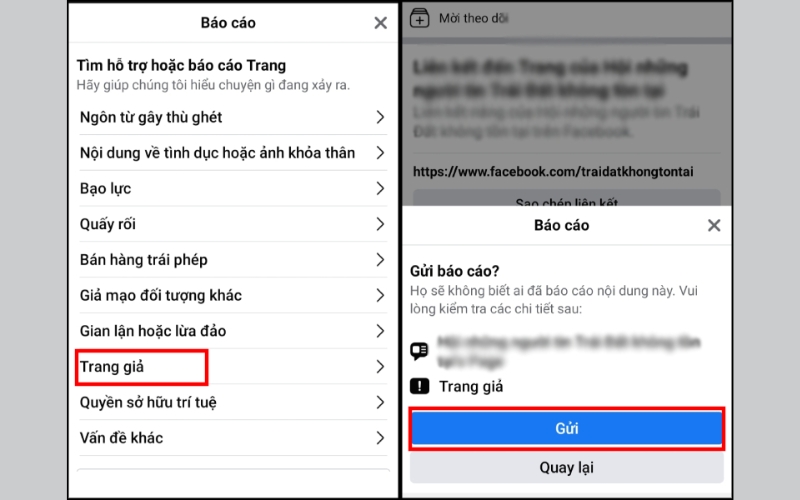 chọn lý do Trang giả và nhấn Gửi