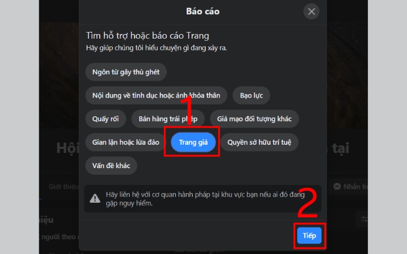 chọn Trang giả rồi nhấn Tiếp