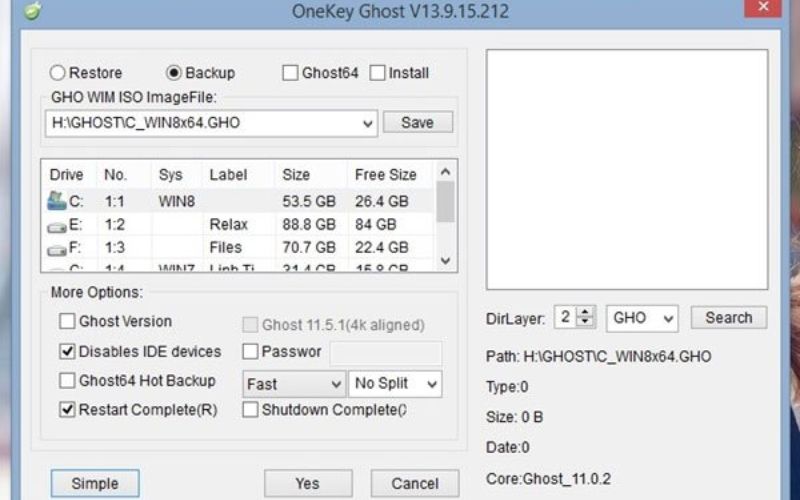 lưu file ghost đã tạo vào phân vùng khác