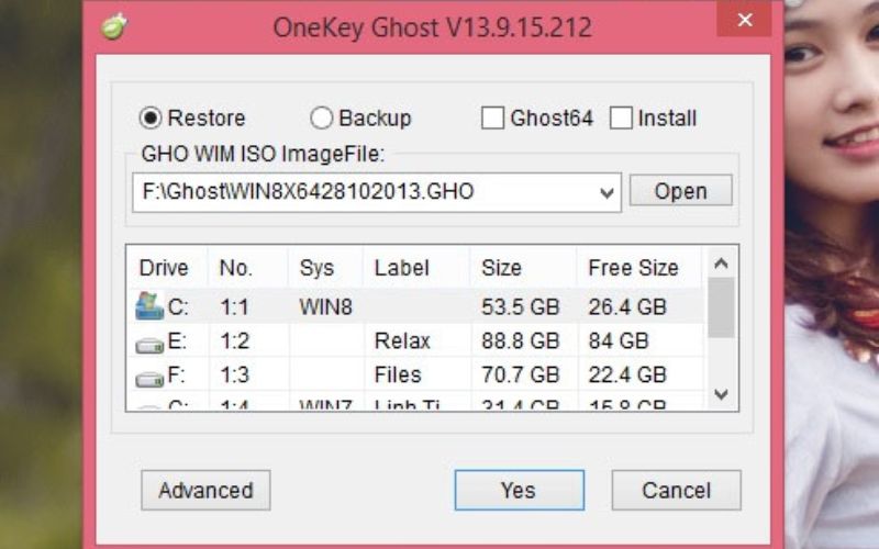 nhấn Open để tìm và chọn file ghost đã lưu