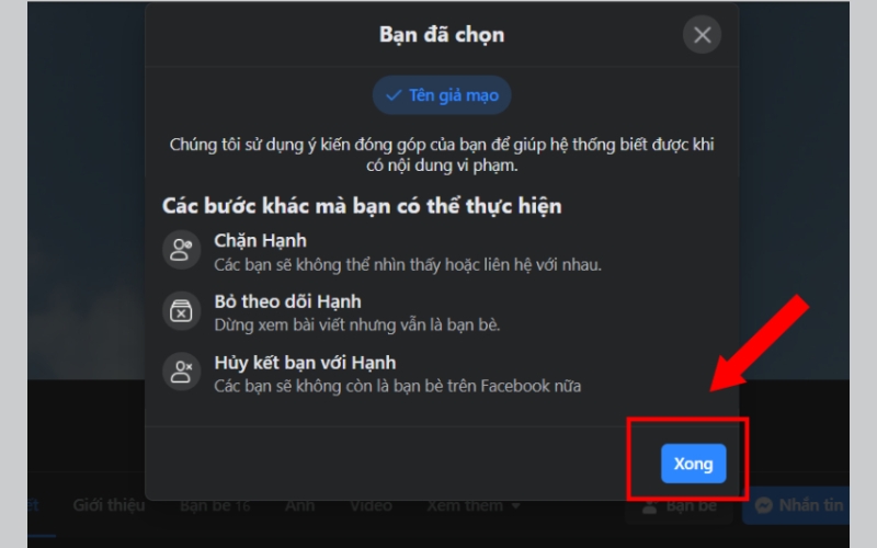 Nhấn Xong để gửi báo cáo