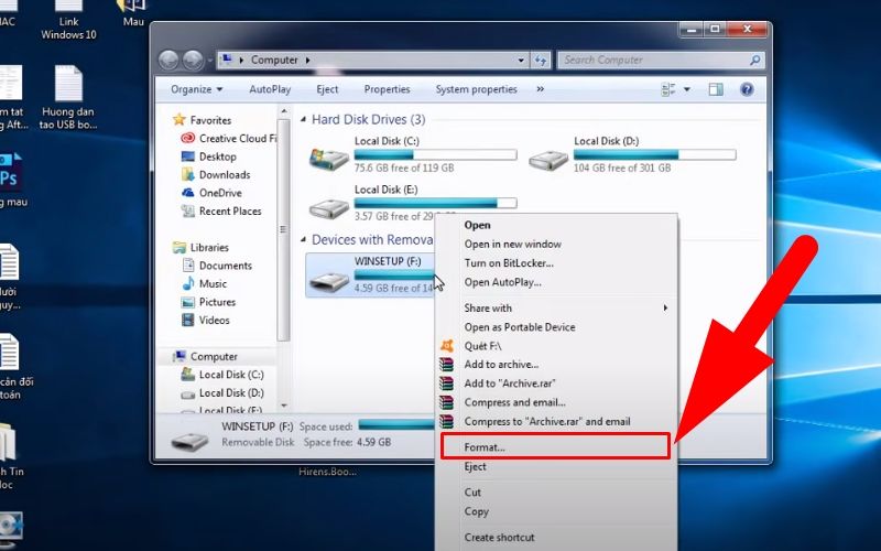 nhấp chuột phải vào USB và chọn Format
