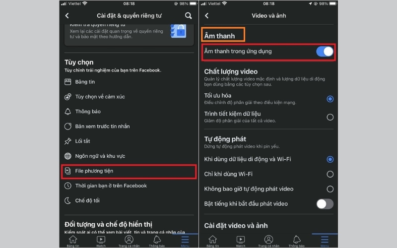 tắt tùy chọn Âm thanh trong ứng dụng