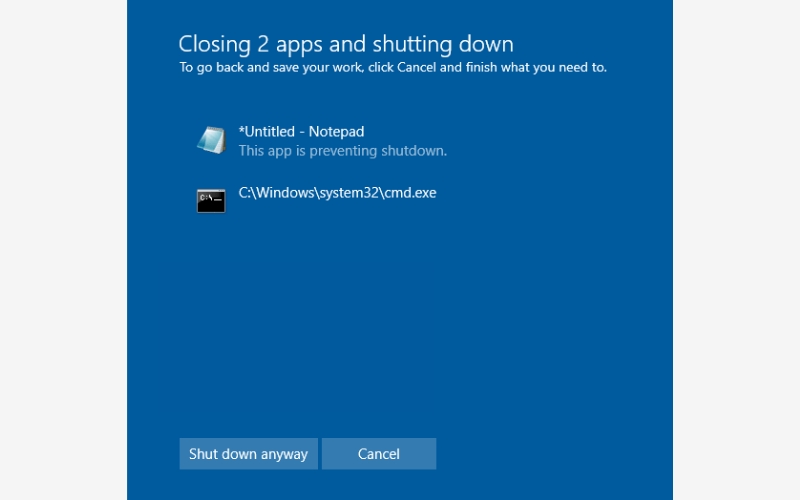 Windows hiển thị thông báo vẫn còn ứng dụng đang chạy